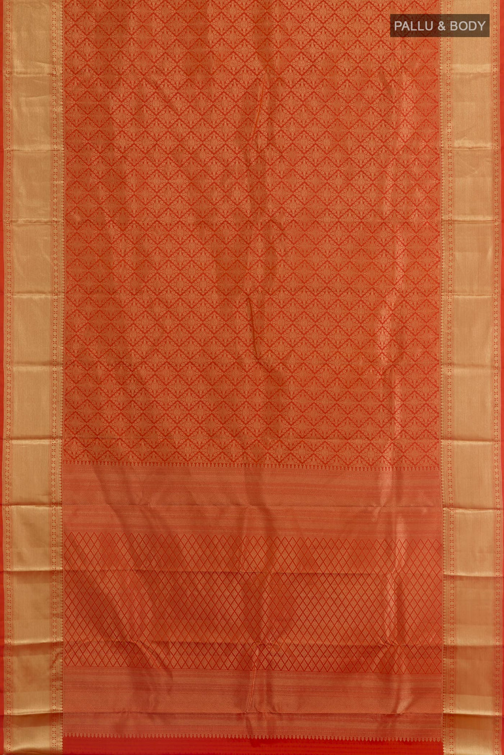 Flat view of Orange Kanchipuram Silk Saree with Zari Brocade on the body and Zari Border. 