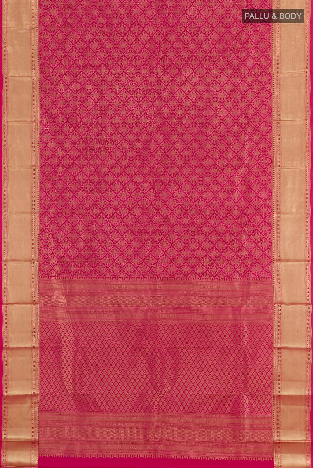 Flat view of Pink Kanchipuram Silk Saree with Zari Brocade on the body and Zari Border. 
