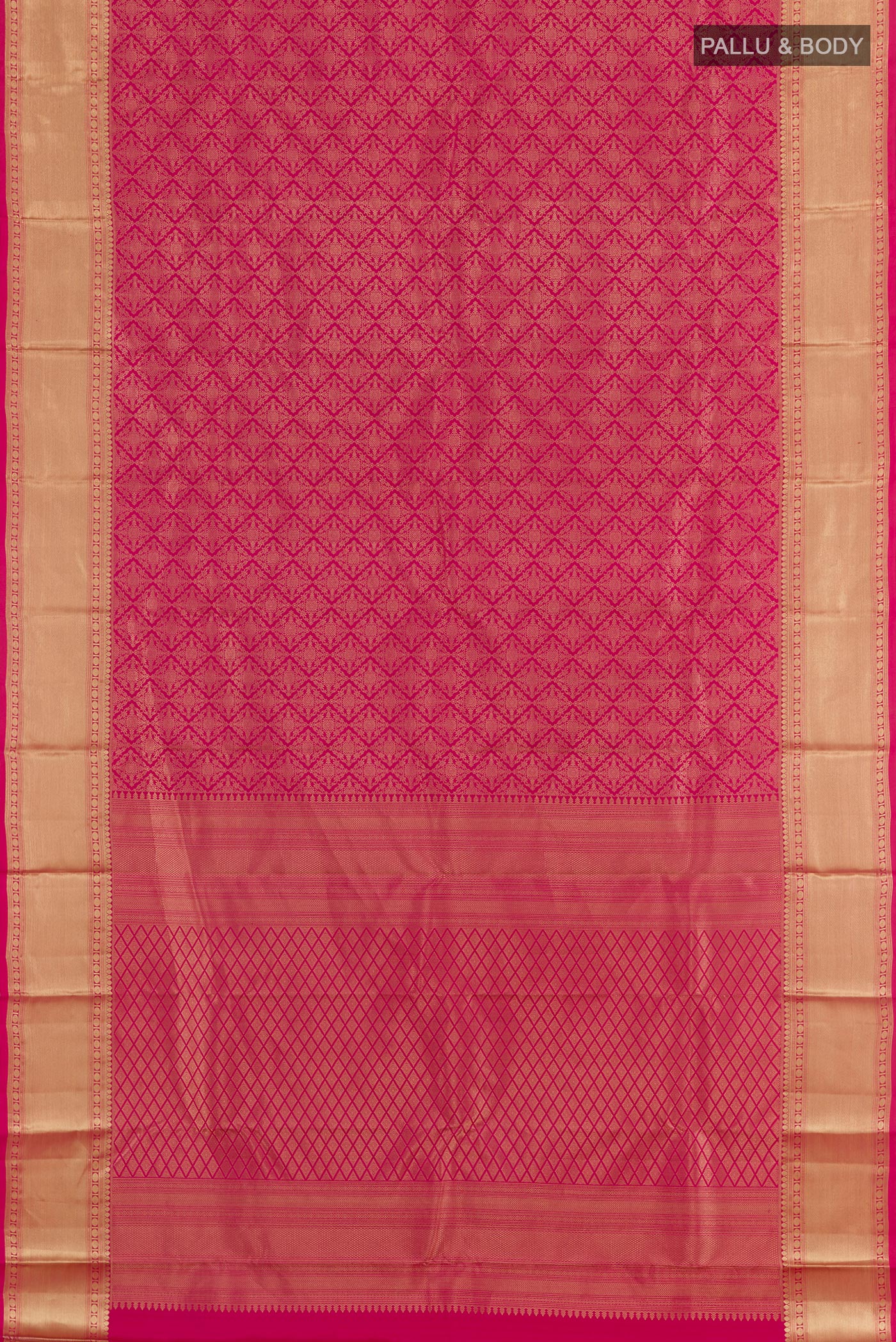 Flat view of Pink Kanchipuram Silk Saree with Zari Brocade on the body and Zari Border. 
