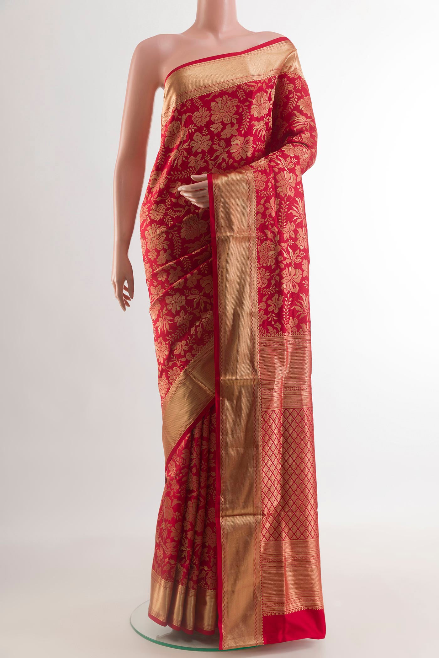 Red Soft Silk Saree with Zari Brocade on the body and Zari Border.  displayed on a mannequin
