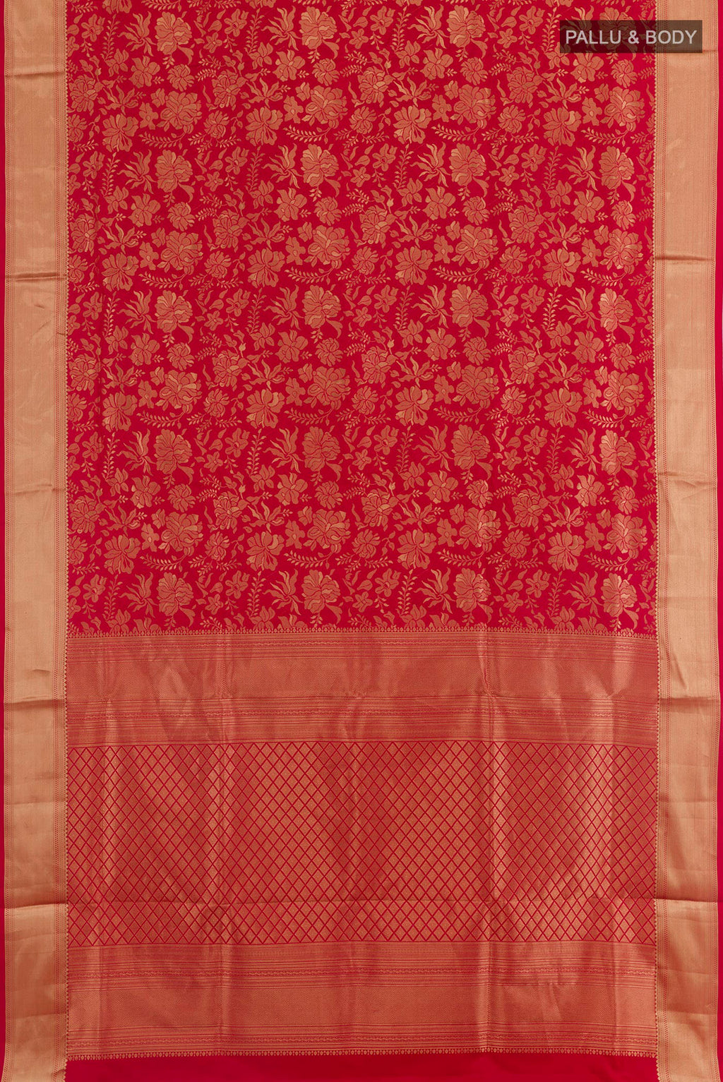 Flat view of Red Soft Silk Saree with Zari Brocade on the body and Zari Border. 