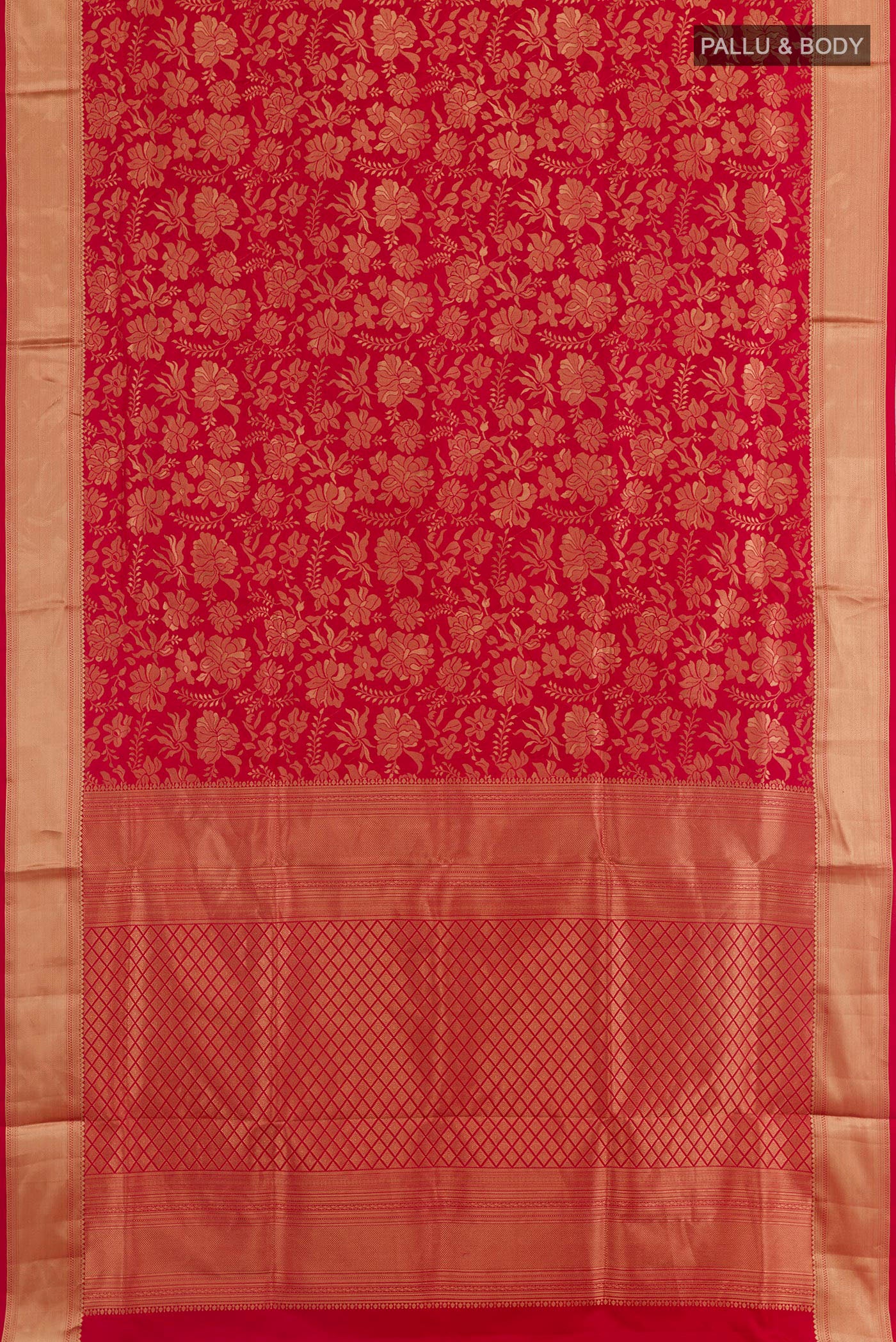 Flat view of Red Soft Silk Saree with Zari Brocade on the body and Zari Border. 