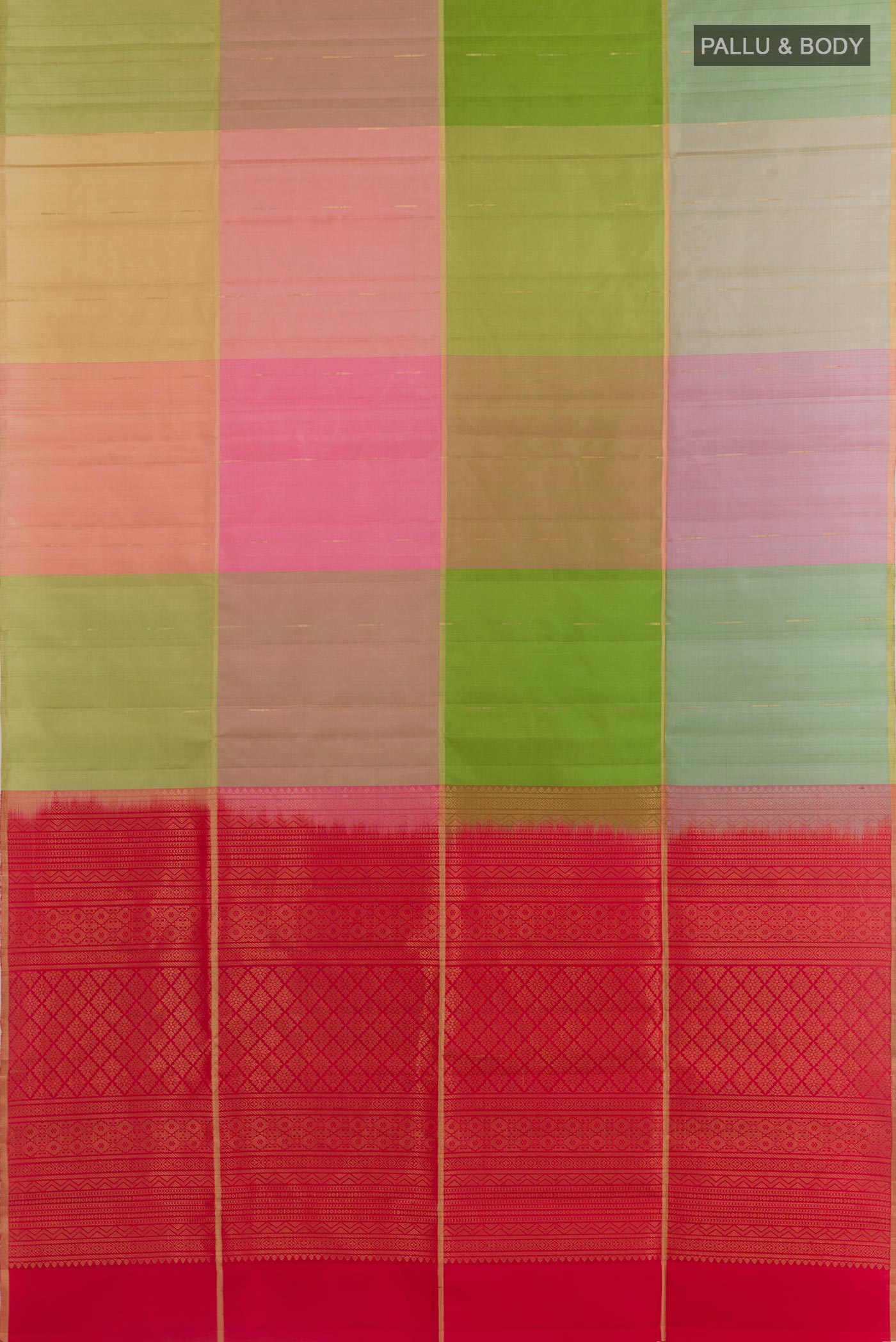 Flat view of Multi Color Soft Silk Saree with Checked design on the body and Zari Border. 
