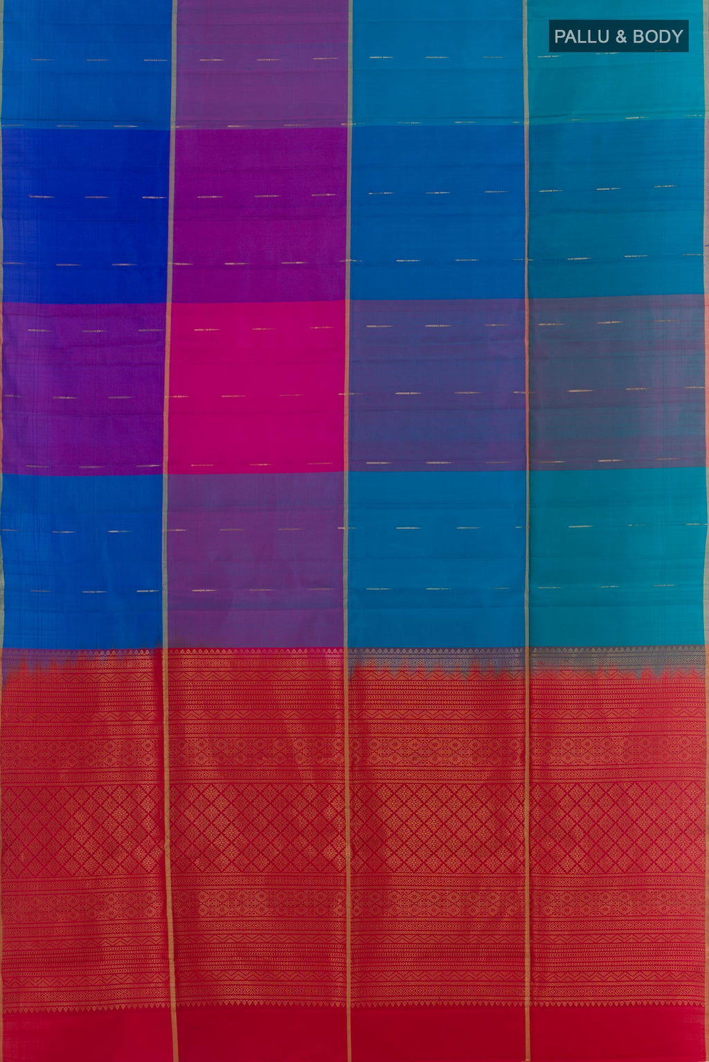 Flat view of Multi Color Soft Silk Saree with Checked design on the body and Zari Border. 