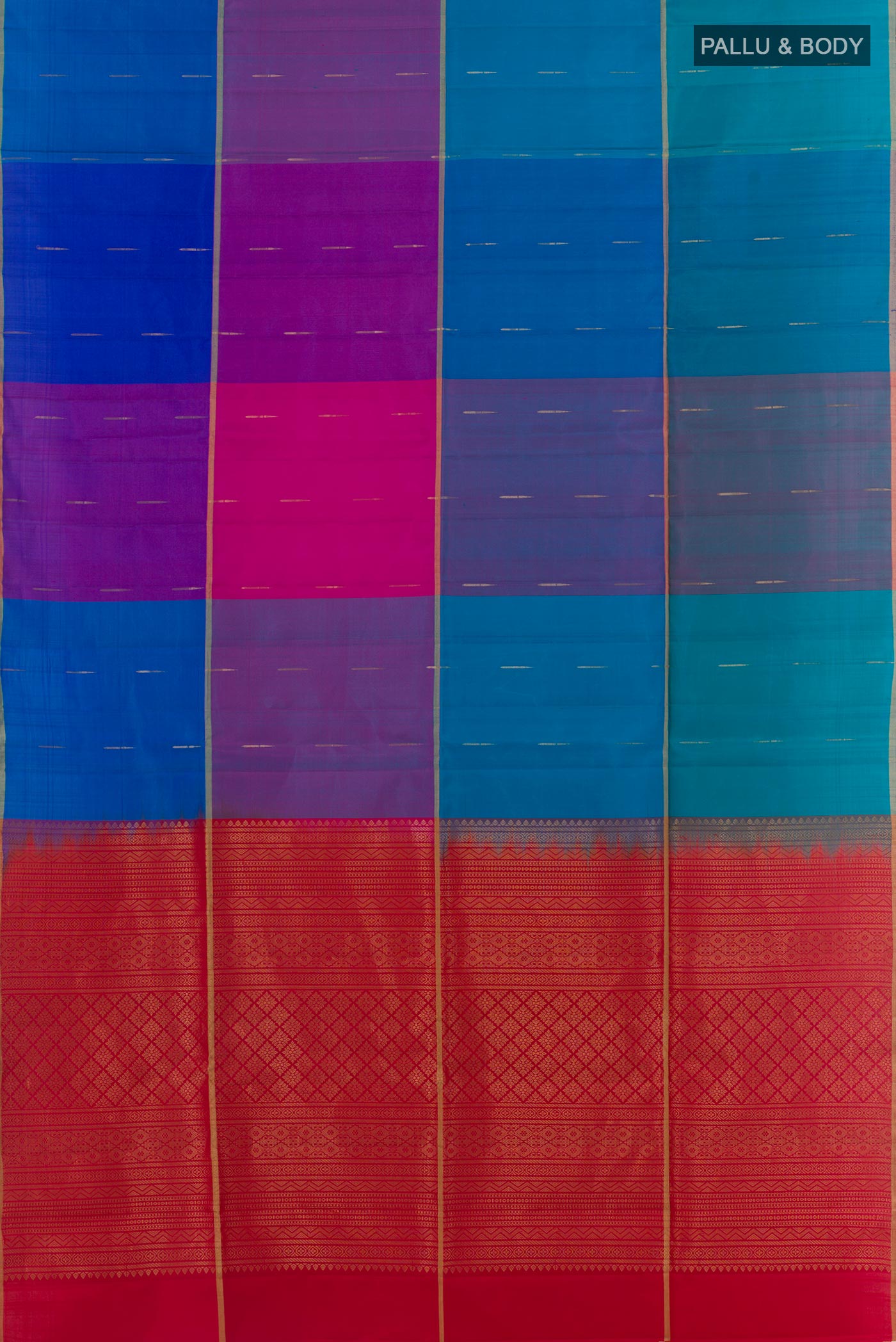 Flat view of Multi Color Soft Silk Saree with Checked design on the body and Zari Border. 