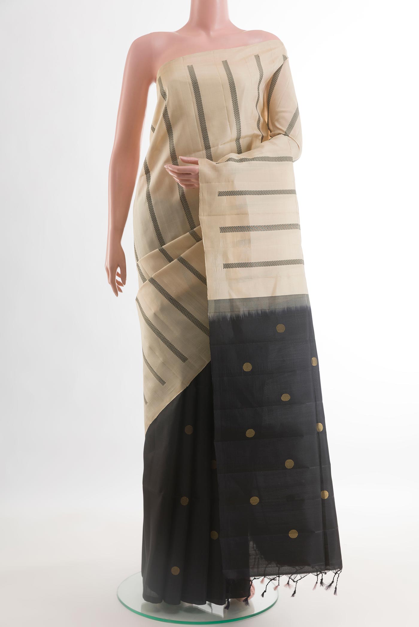 Multi Color Soft Silk Saree with Half And Half on the body and Without Border.  displayed on a mannequin