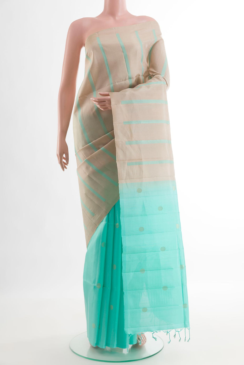 Multi Color Soft Silk Saree with Half And Half on the body and Without Border.  displayed on a mannequin