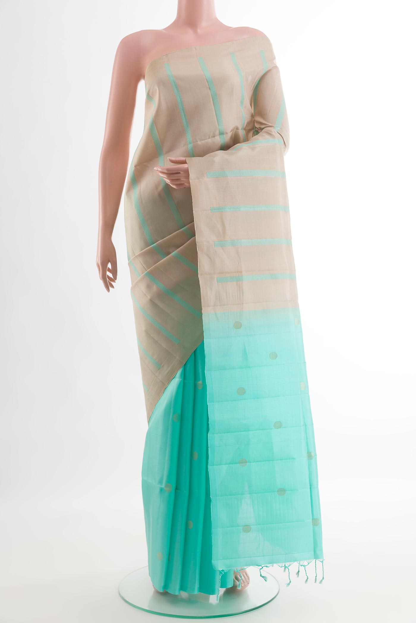 Multi Color Soft Silk Saree with Half And Half on the body and Without Border.  displayed on a mannequin
