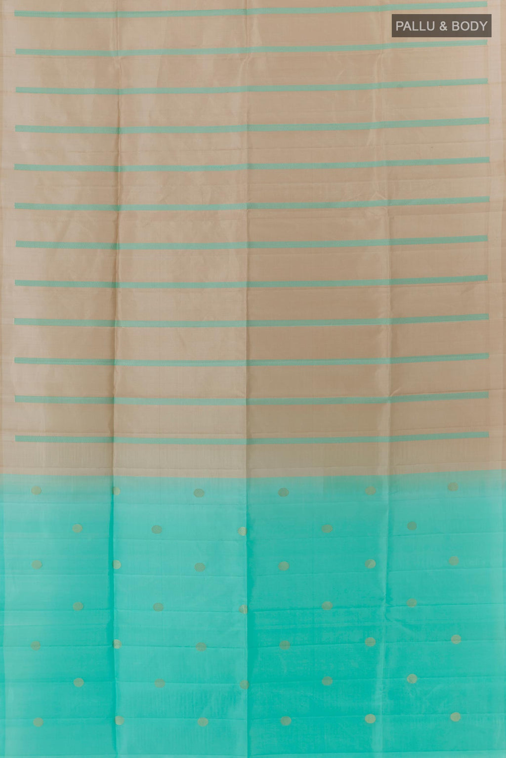 Flat view of Multi Color Soft Silk Saree with Half And Half on the body and Without Border. 
