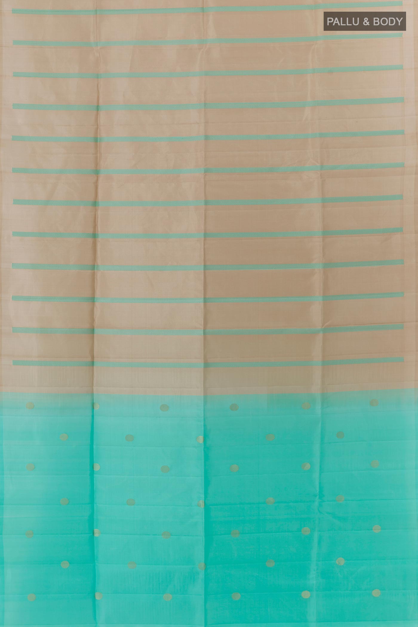 Flat view of Multi Color Soft Silk Saree with Half And Half on the body and Without Border. 