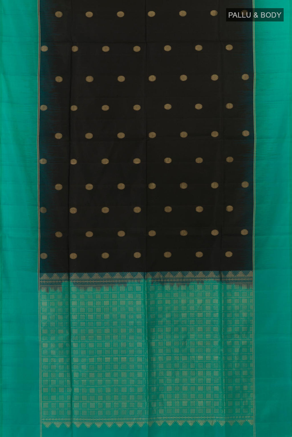 Flat view of Black Soft Silk Saree with Zari Butta on the body and Zari Border. 
