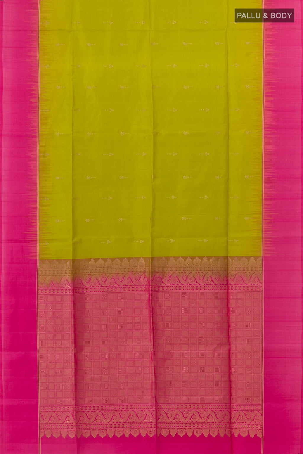 Flat view of Lemon Yellow Soft Silk Saree with Zari Butta on the body and Zari Border. 
