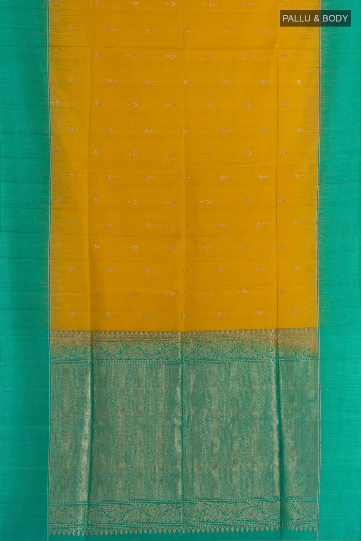 Flat view of Pure Silk Yellow Soft Saree with Zari Butta on the body and Zari Border. 