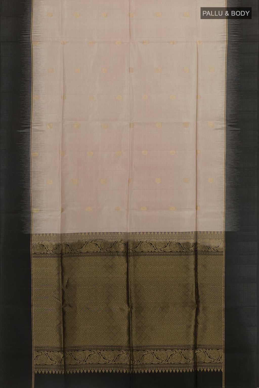 Flat view of Off White Soft Silk Saree with Zari Butta on the body and Zari Border. 