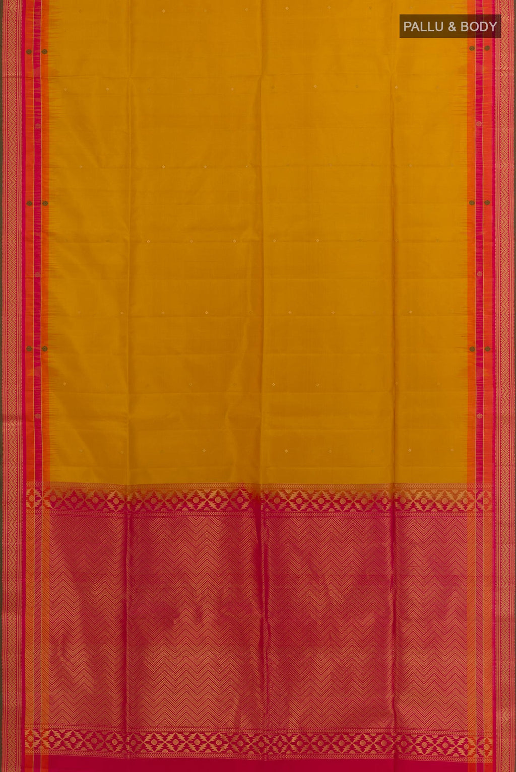Flat view of Mustard Soft Silk Saree with Zari Butta on the body and Zari Border. 