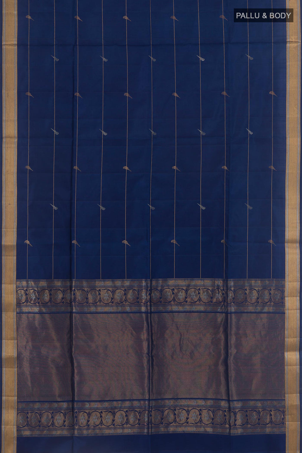 Flat view of Blue Soft Silk Saree with Stripes on the body and Zari Border. 