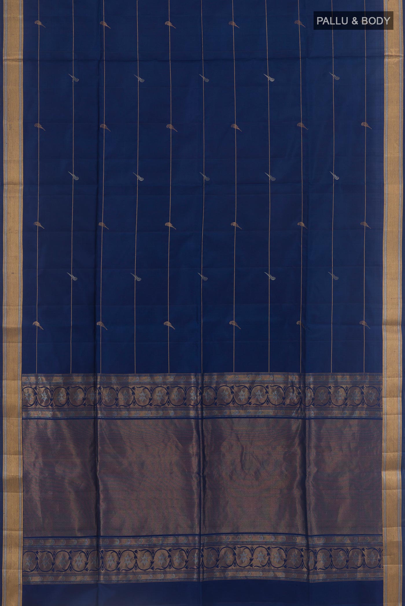 Flat view of Blue Soft Silk Saree with Stripes on the body and Zari Border. 