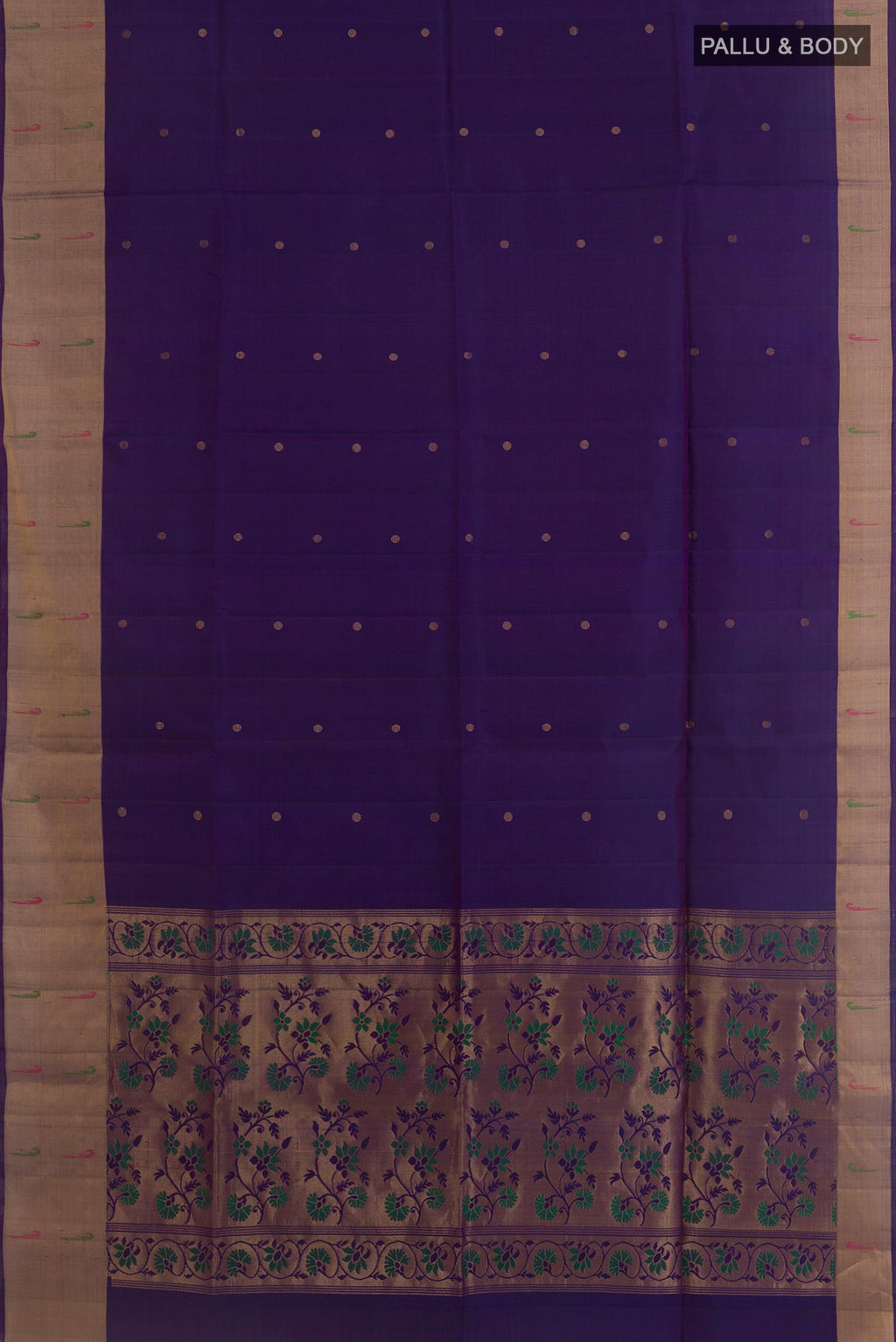 Flat view of Dark Blue Soft Silk Saree with Zari Butta on the body and Zari Border. 