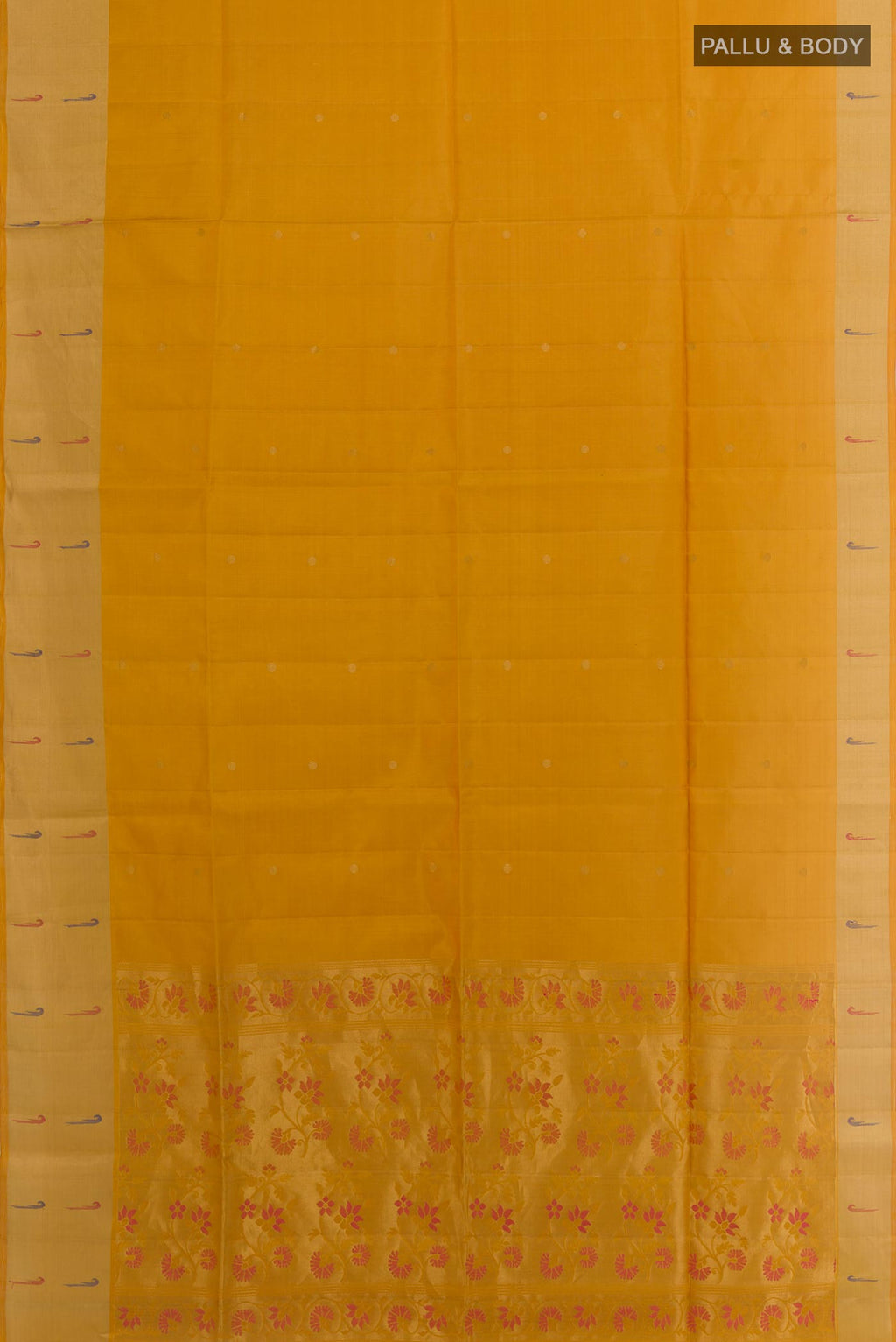 Flat view of Yellow Soft Silk Saree with Zari Butta on the body and Zari Border. 