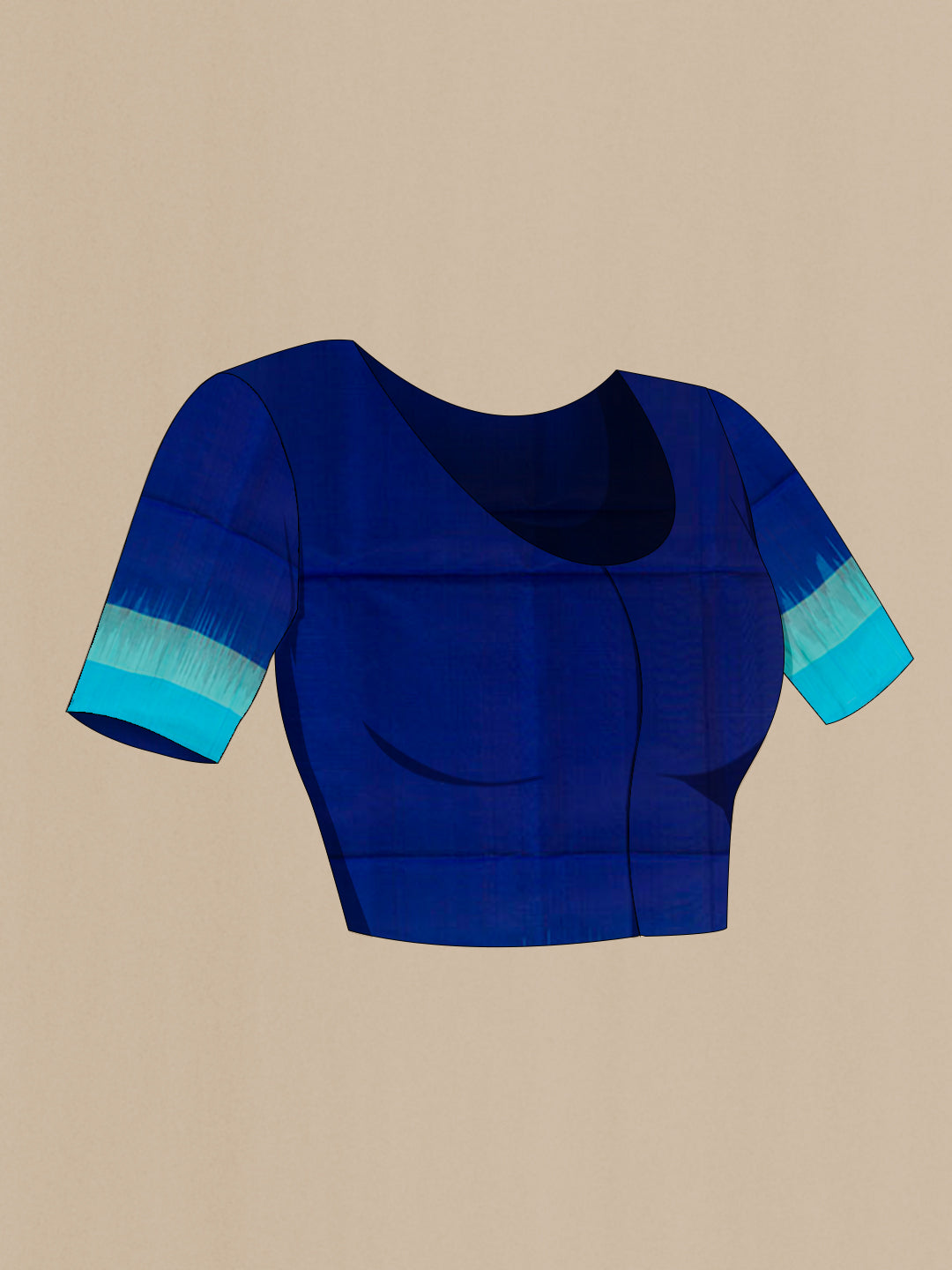 Close up image of the blouse of Blue Soft Silk Saree with Zari And Thread Butta on the body and Zari Border. 