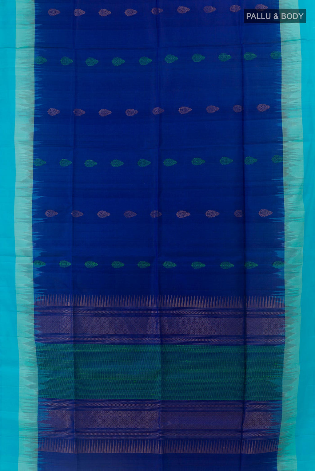 Flat view of Blue Soft Silk Saree with Zari And Thread Butta on the body and Zari Border. 