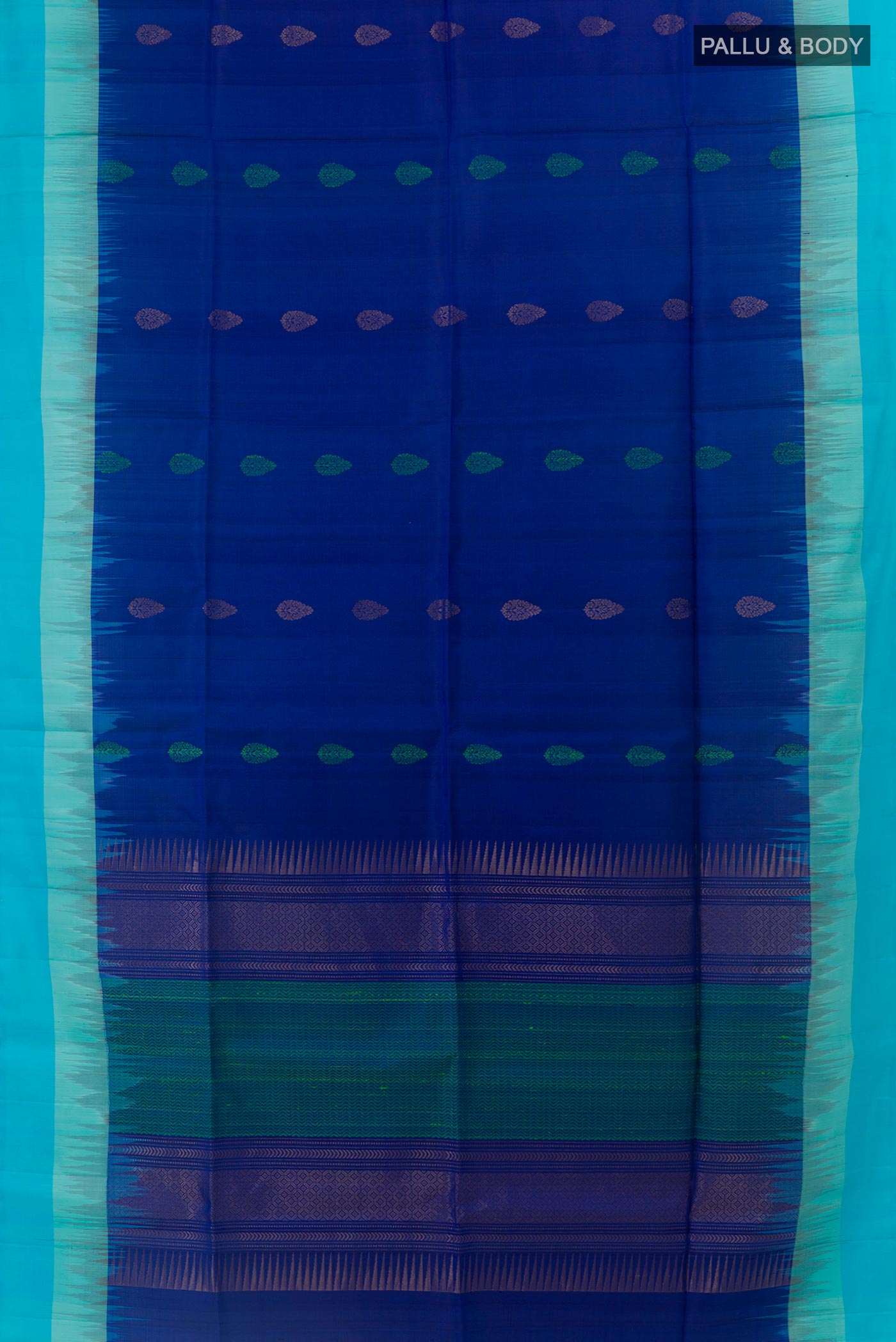 Flat view of Blue Soft Silk Saree with Zari And Thread Butta on the body and Zari Border. 