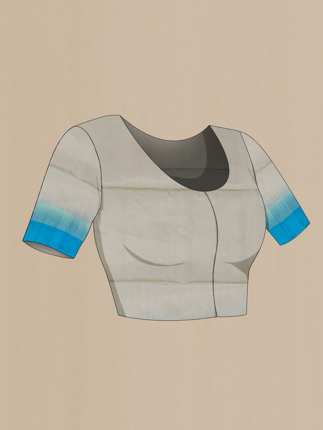Close up image of the blouse of Grey Soft Silk Saree with Zari And Thread Butta on the body and Zari Border. 