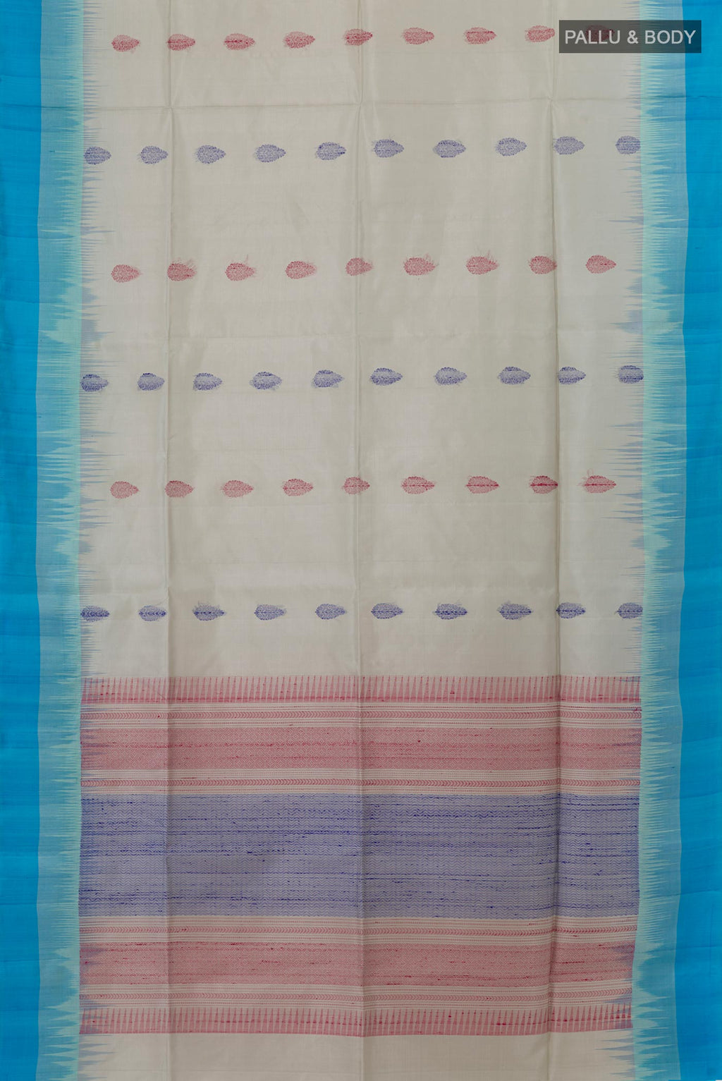 Flat view of Grey Soft Silk Saree with Zari And Thread Butta on the body and Zari Border. 