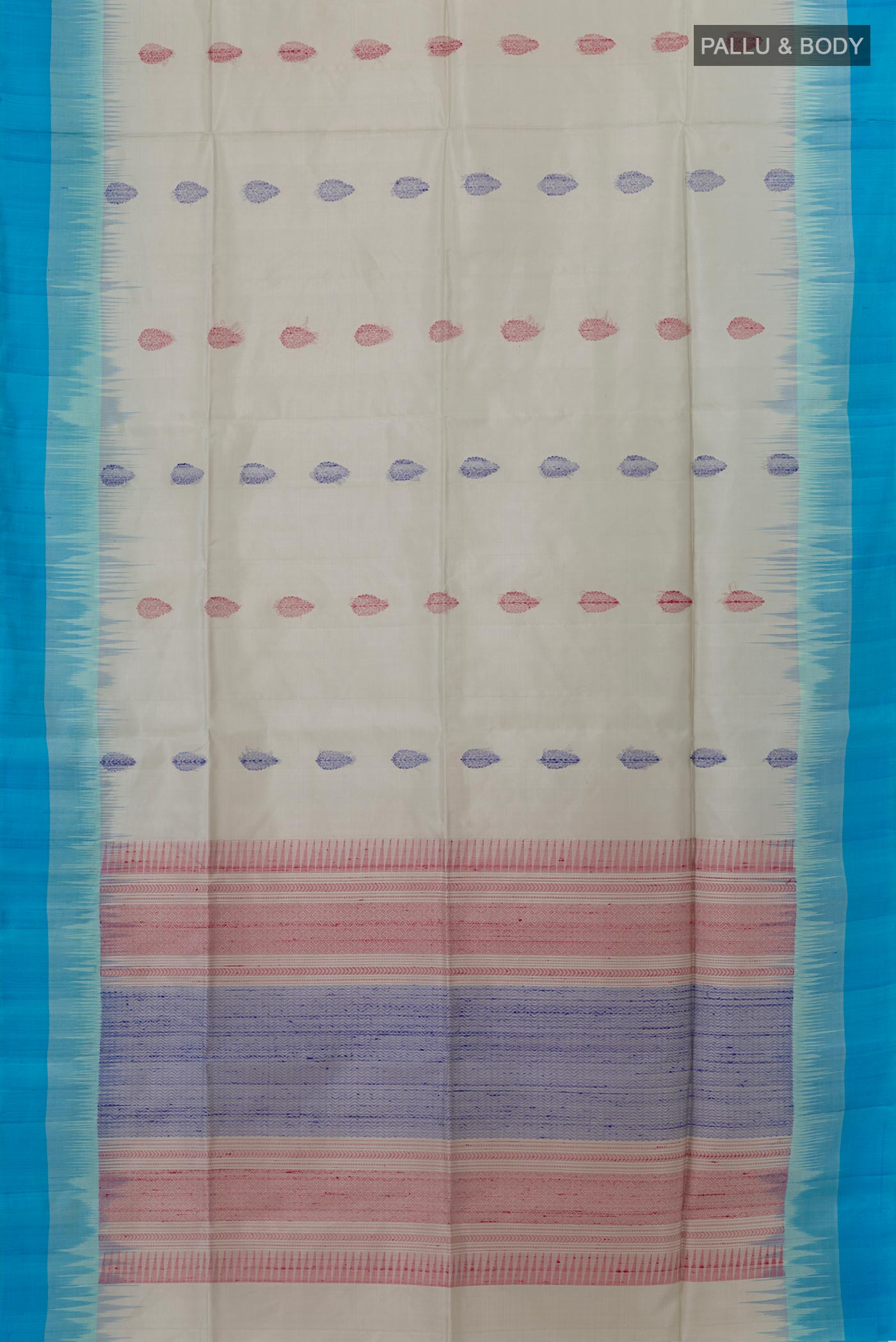 Flat view of Grey Soft Silk Saree with Zari And Thread Butta on the body and Zari Border. 