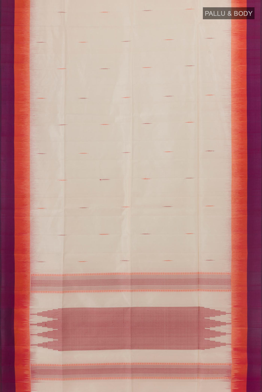 Flat view of Off White Soft Silk Saree with Thread Butta on the body and Zari Border. 