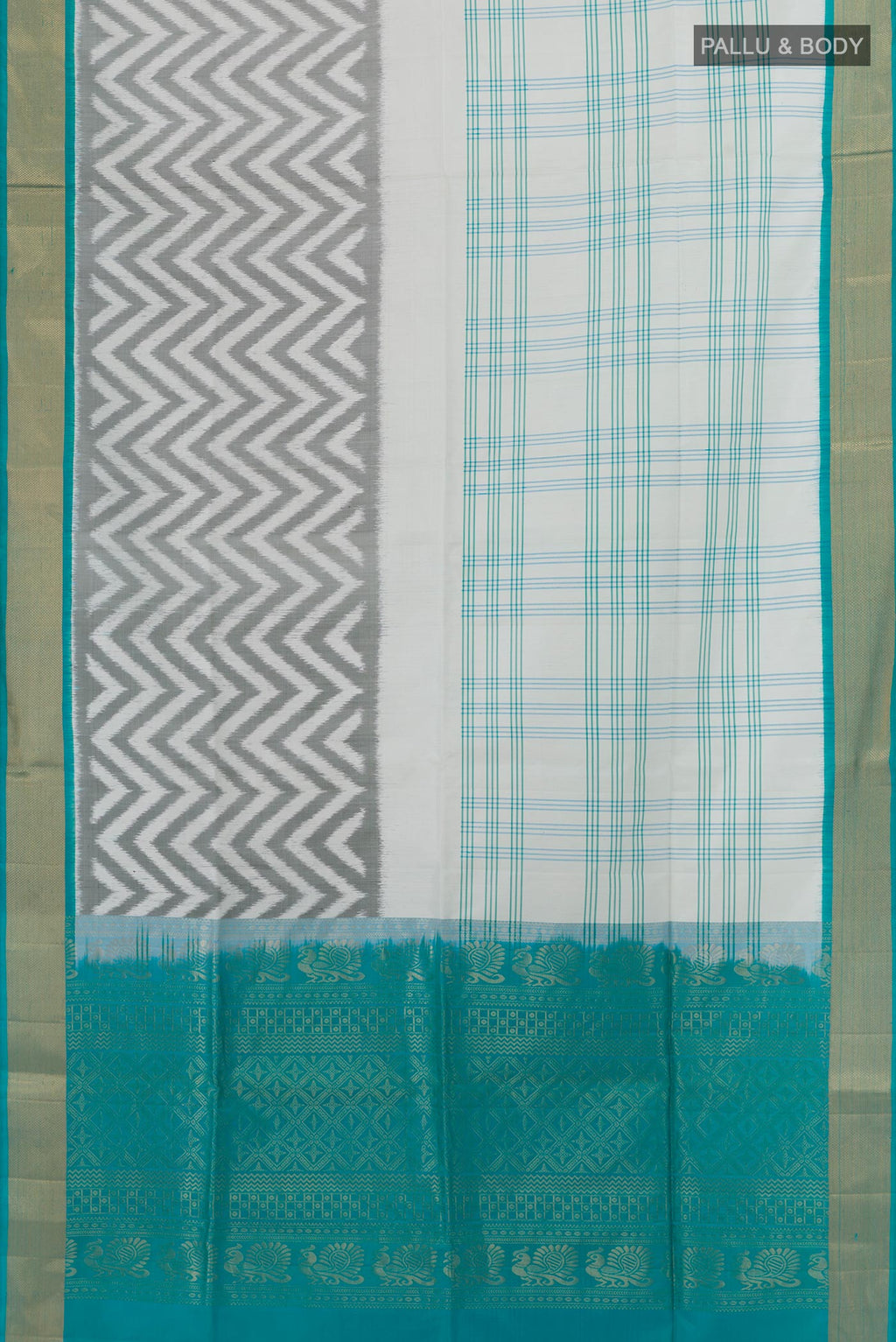 Flat view of Off White Soft Silk Saree with Ikat design on the body and Zari Border. 
