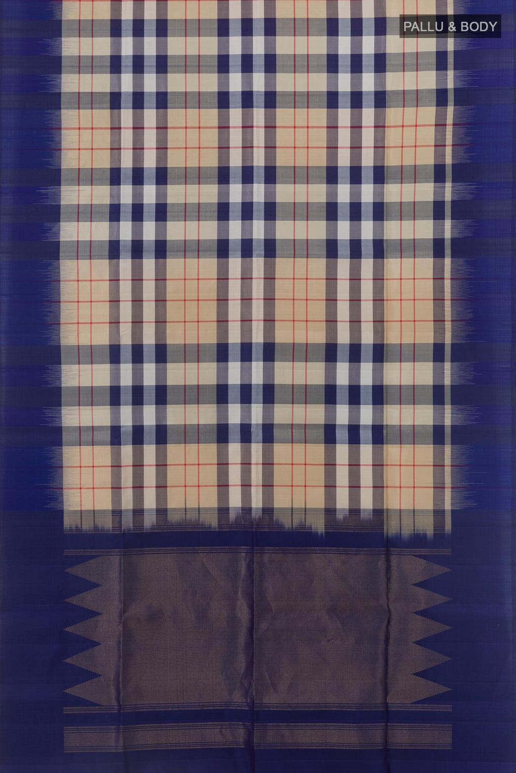 Flat view of Off White Soft Silk Saree with Checked design on the body and Zari Border. 