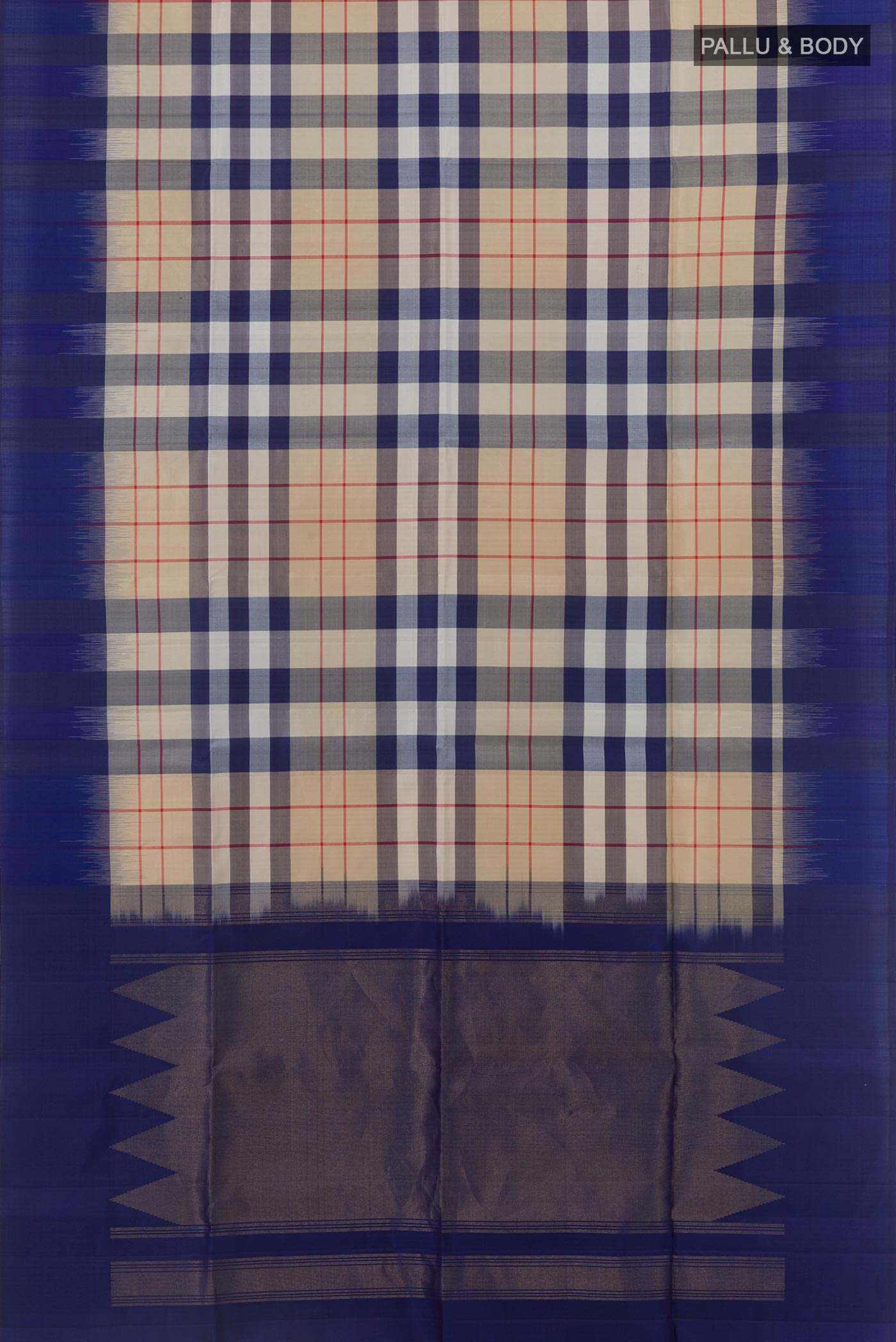 Flat view of Off White Soft Silk Saree with Checked design on the body and Zari Border. 
