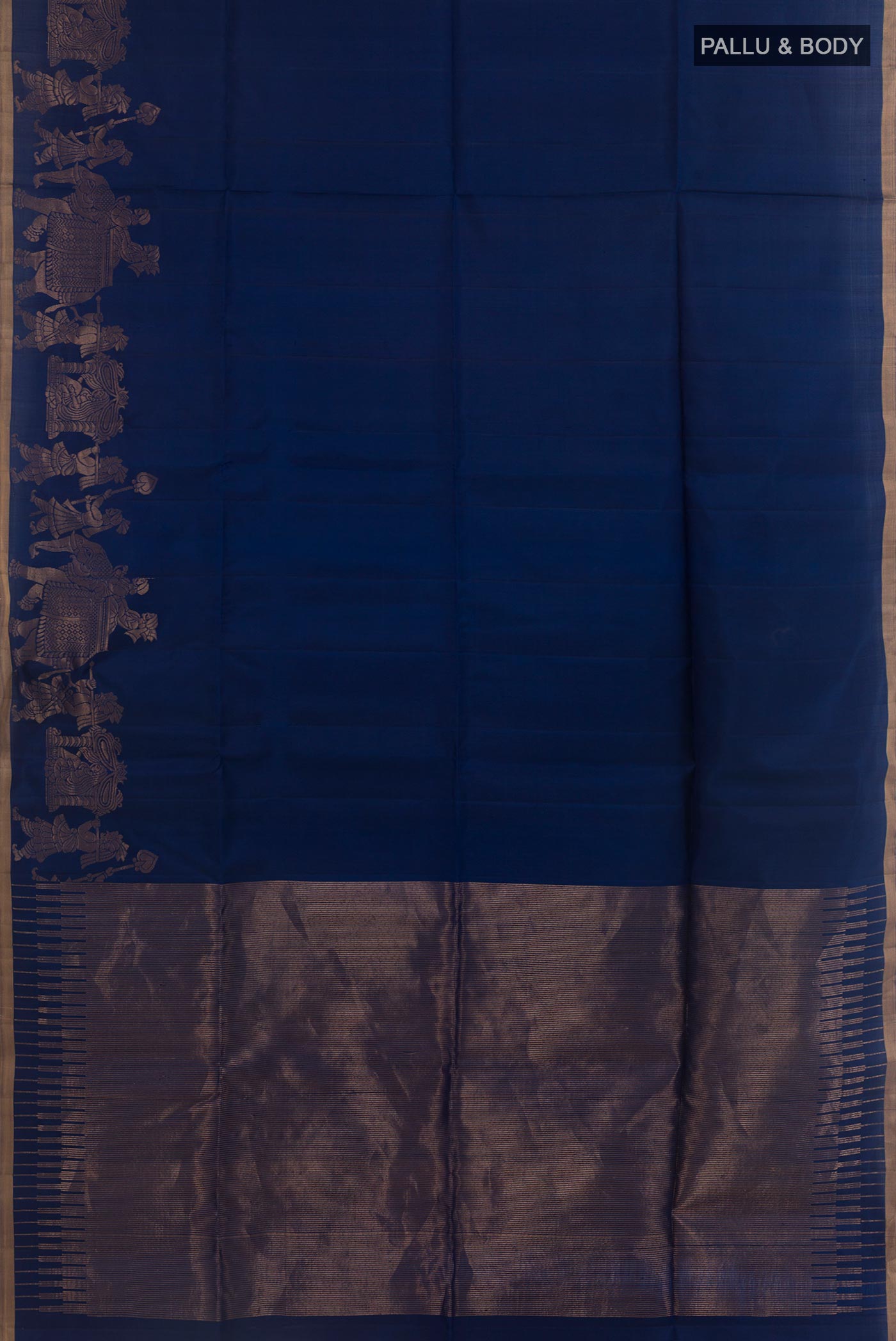 Flat view of Blue Soft Silk Saree with Plain Body and Fancy Border. 