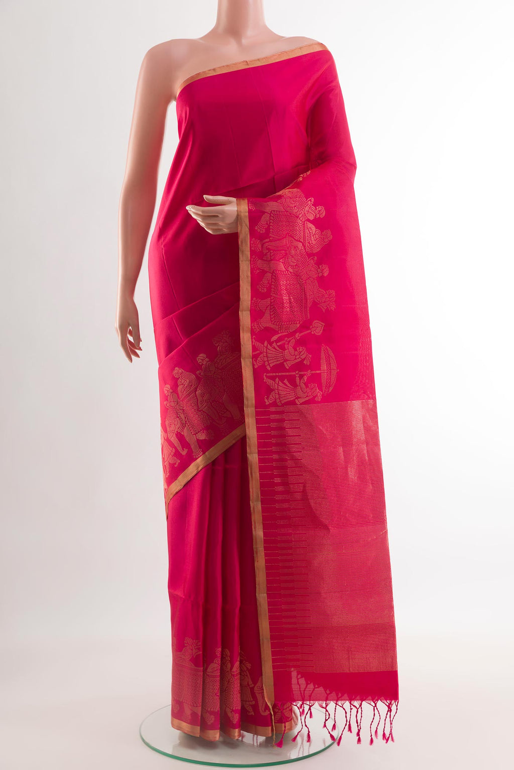 Pink Soft Silk Saree with Plain Body and Fancy Border.  displayed on a mannequin