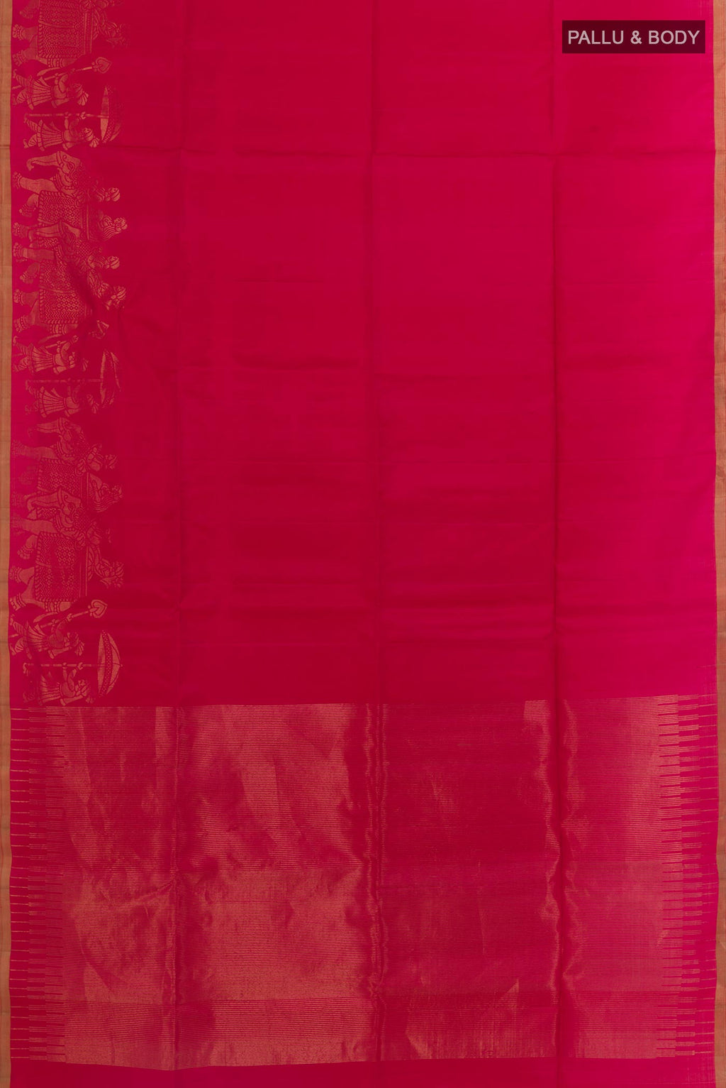 Flat view of Pink Soft Silk Saree with Plain Body and Fancy Border. 
