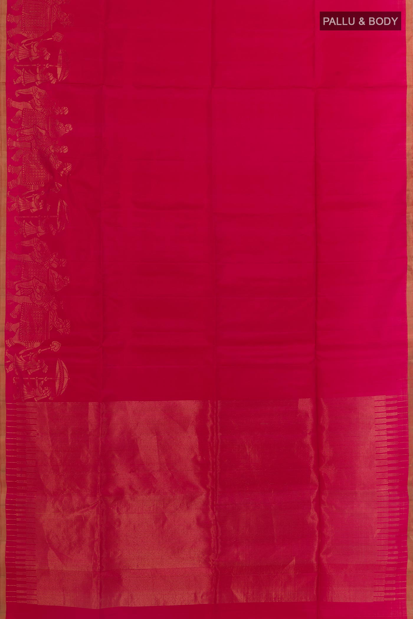 Flat view of Pink Soft Silk Saree with Plain Body and Fancy Border. 
