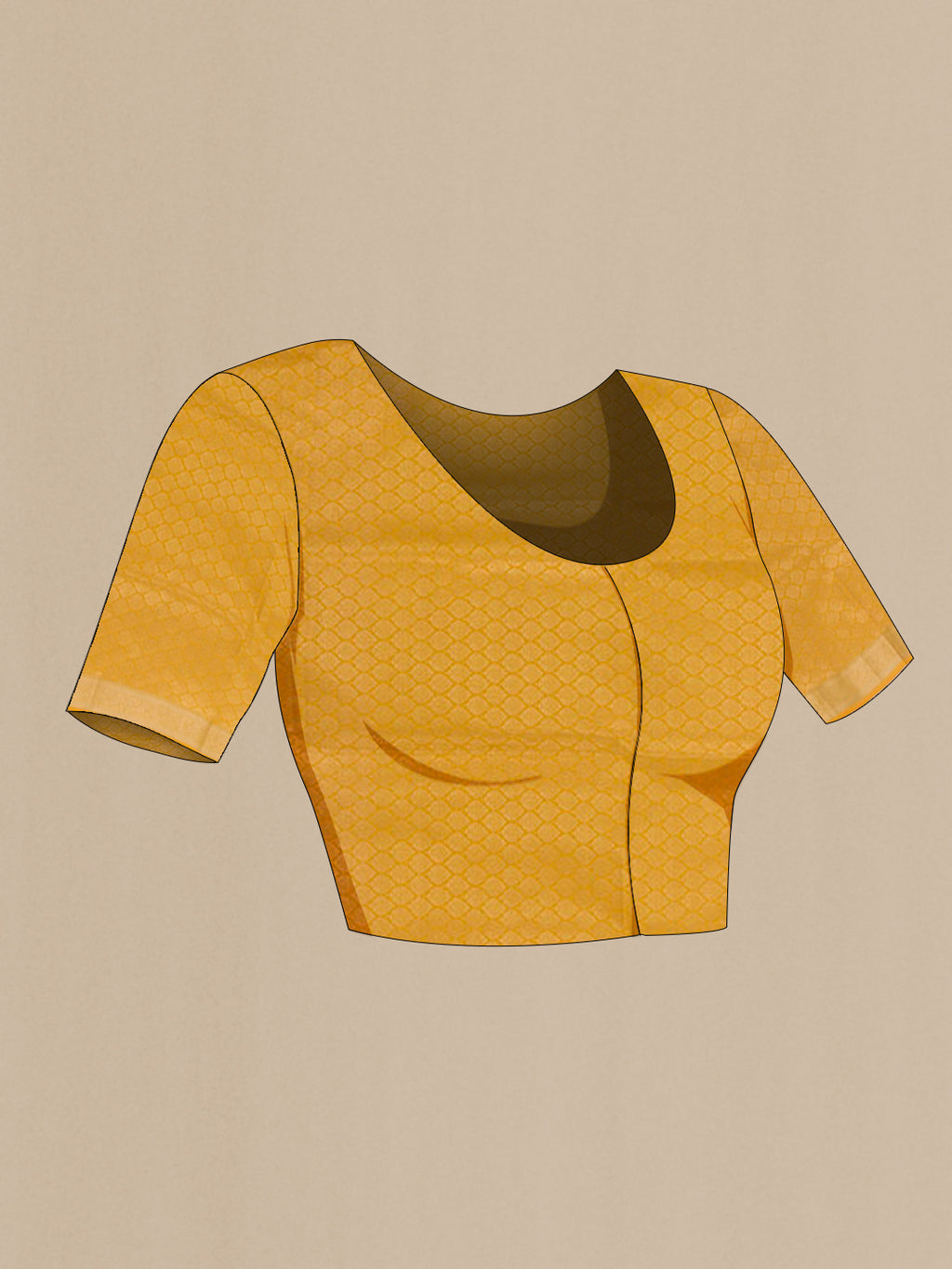 Close up image of the blouse of Yellow Soft Silk Saree with Plain Body and Zari Border. 