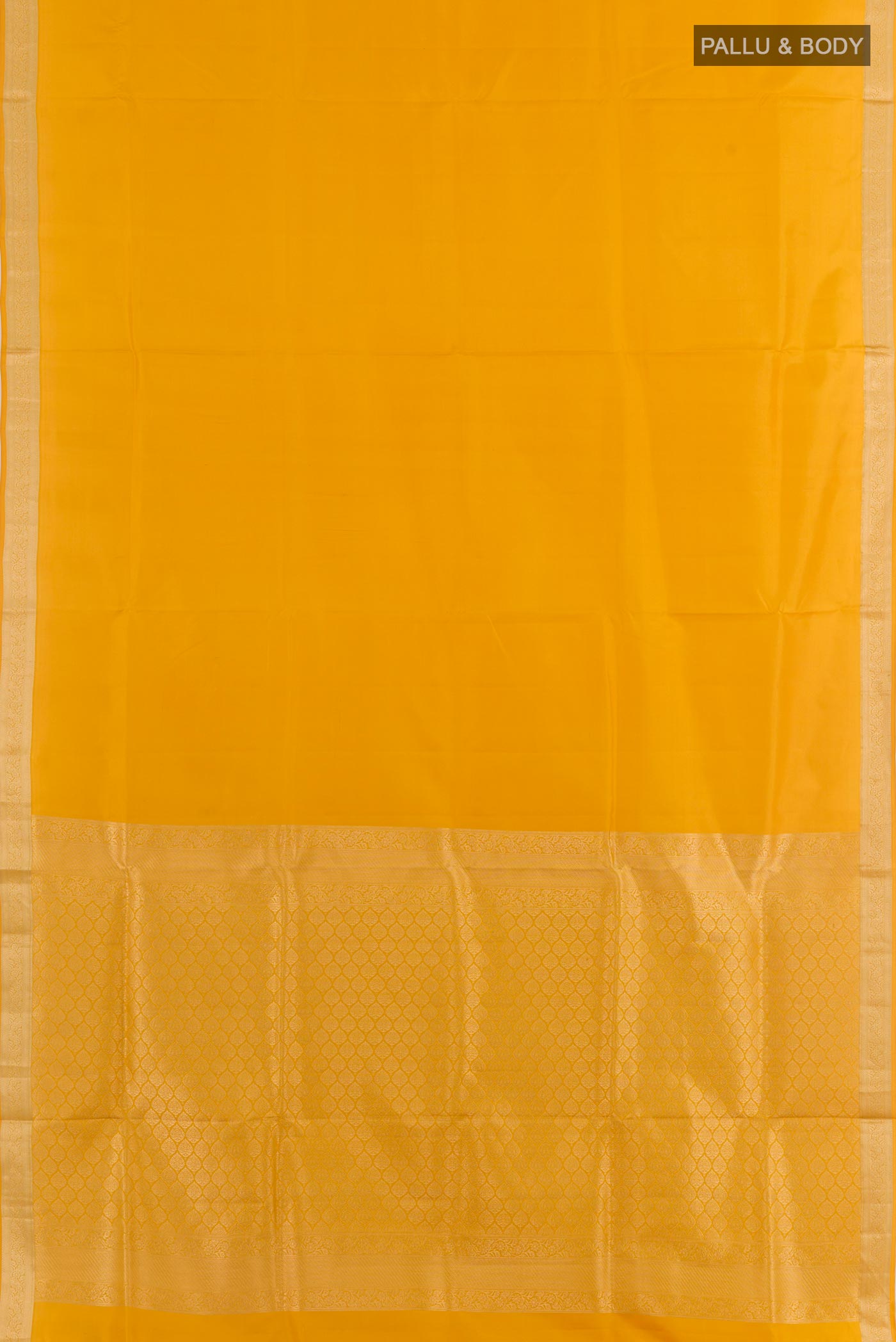 Flat view of Yellow Soft Silk Saree with Plain Body and Zari Border. 