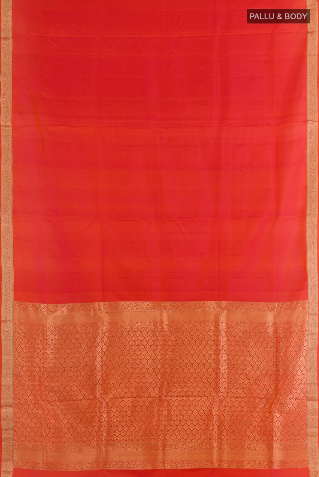 Flat view of Brick Orange Dual Tone Soft Silk Saree with Plain Body and Zari Border. 