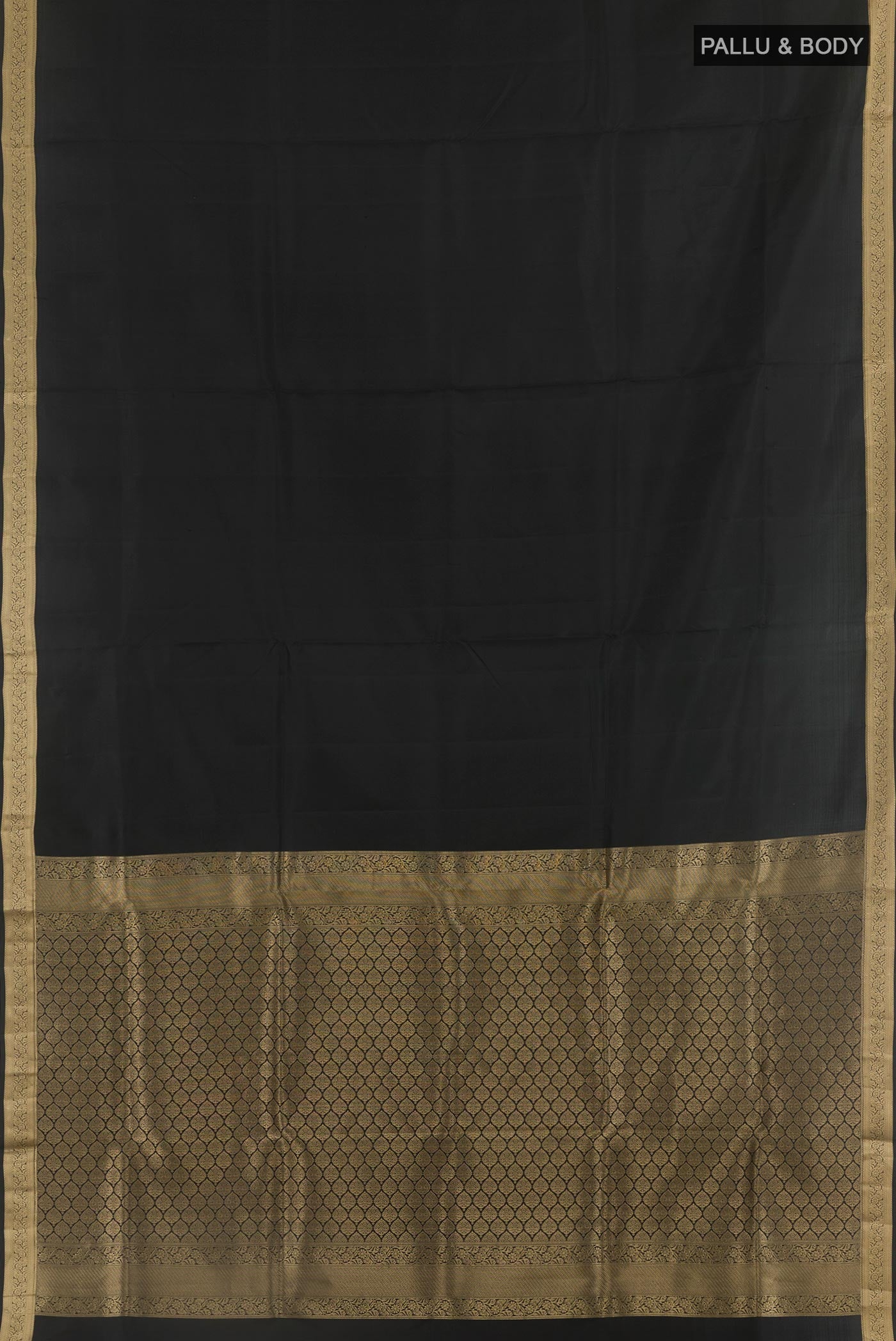 Flat view of Black Soft Silk Saree with Plain Body and Zari Border. 