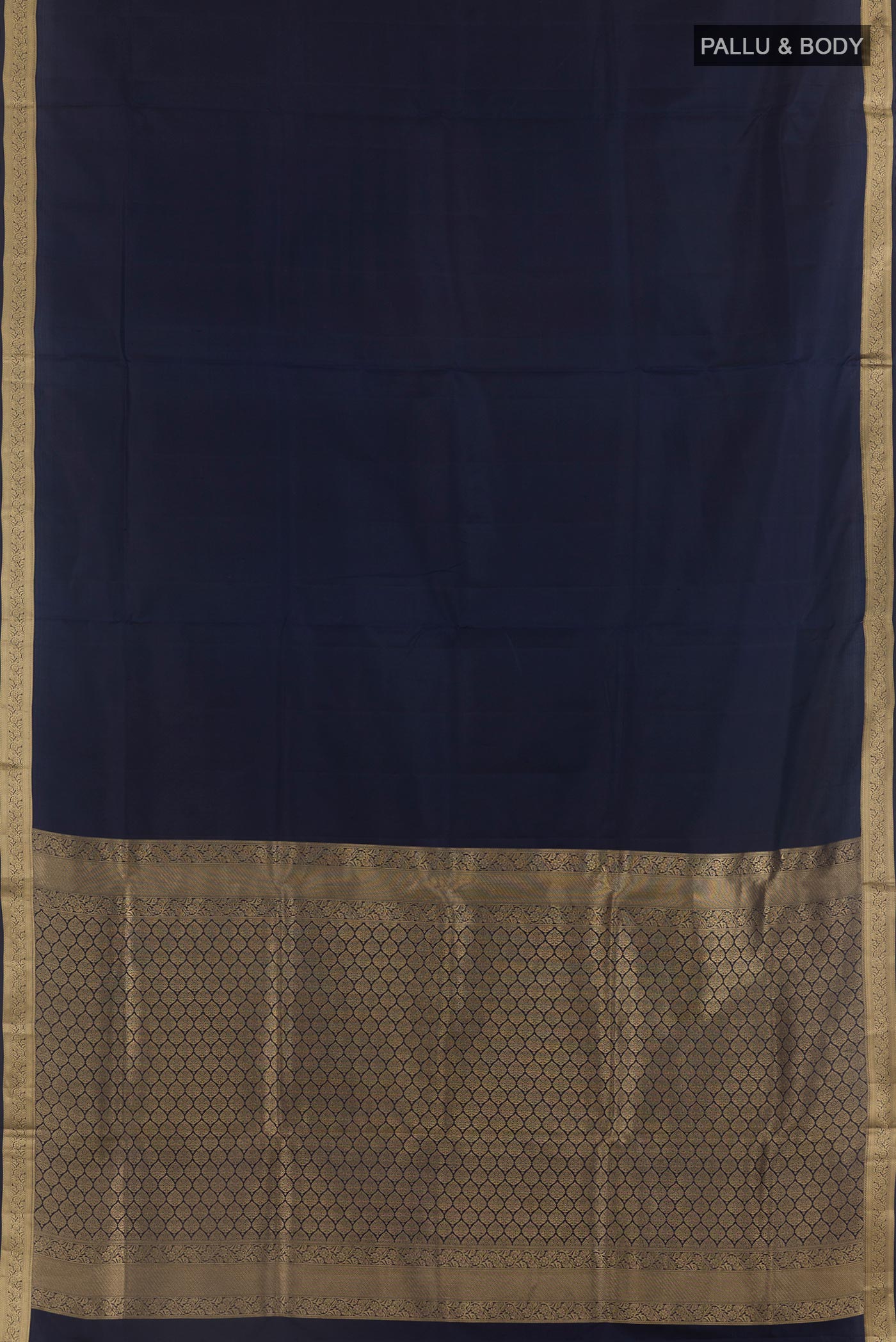Flat view of Navy Blue Soft Silk Saree with Plain Body and Zari Border. 