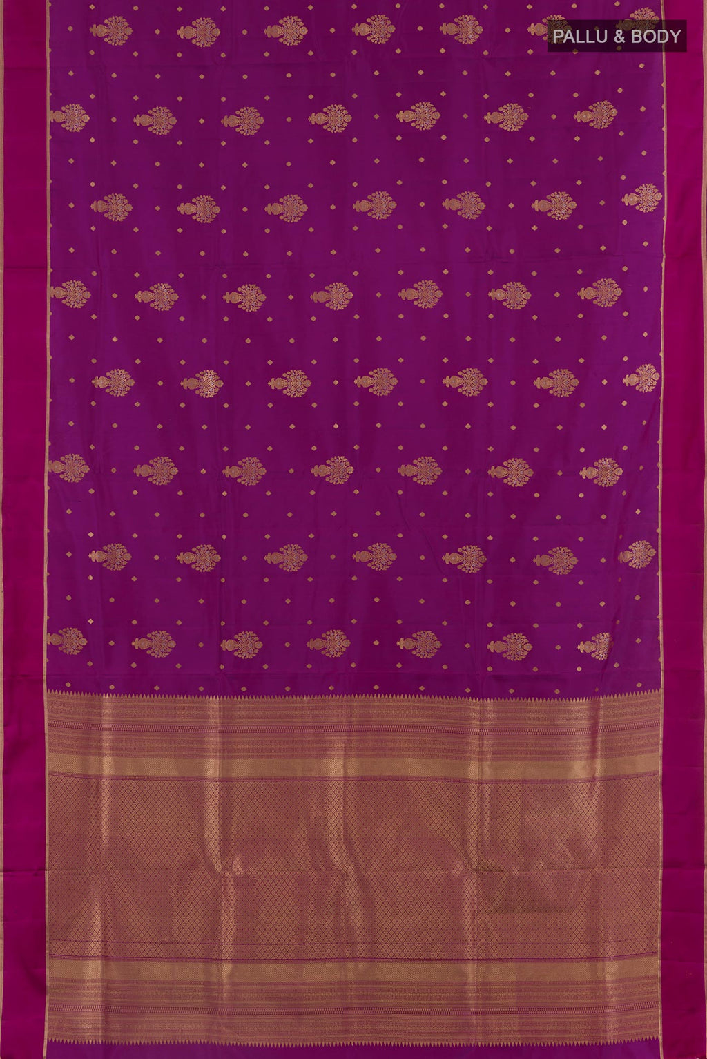 Flat view of Purple Soft Silk Saree with Zari Butta on the body and Zari Border. 