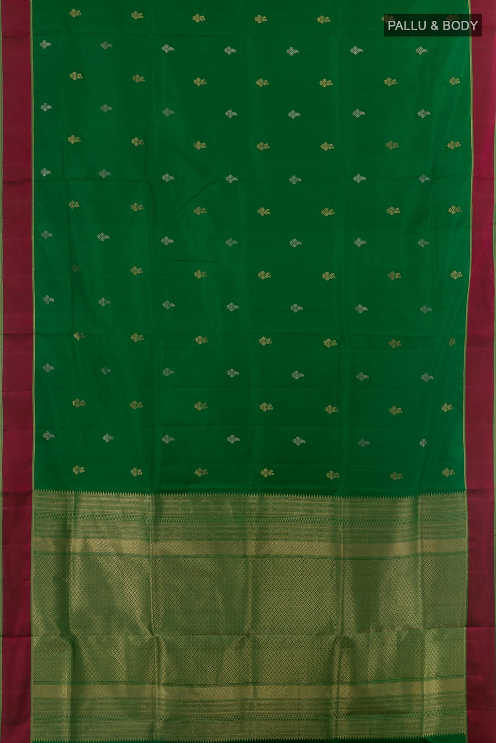 Flat view of Green Soft Silk Saree with Zari Butta on the body and Thread Border. 