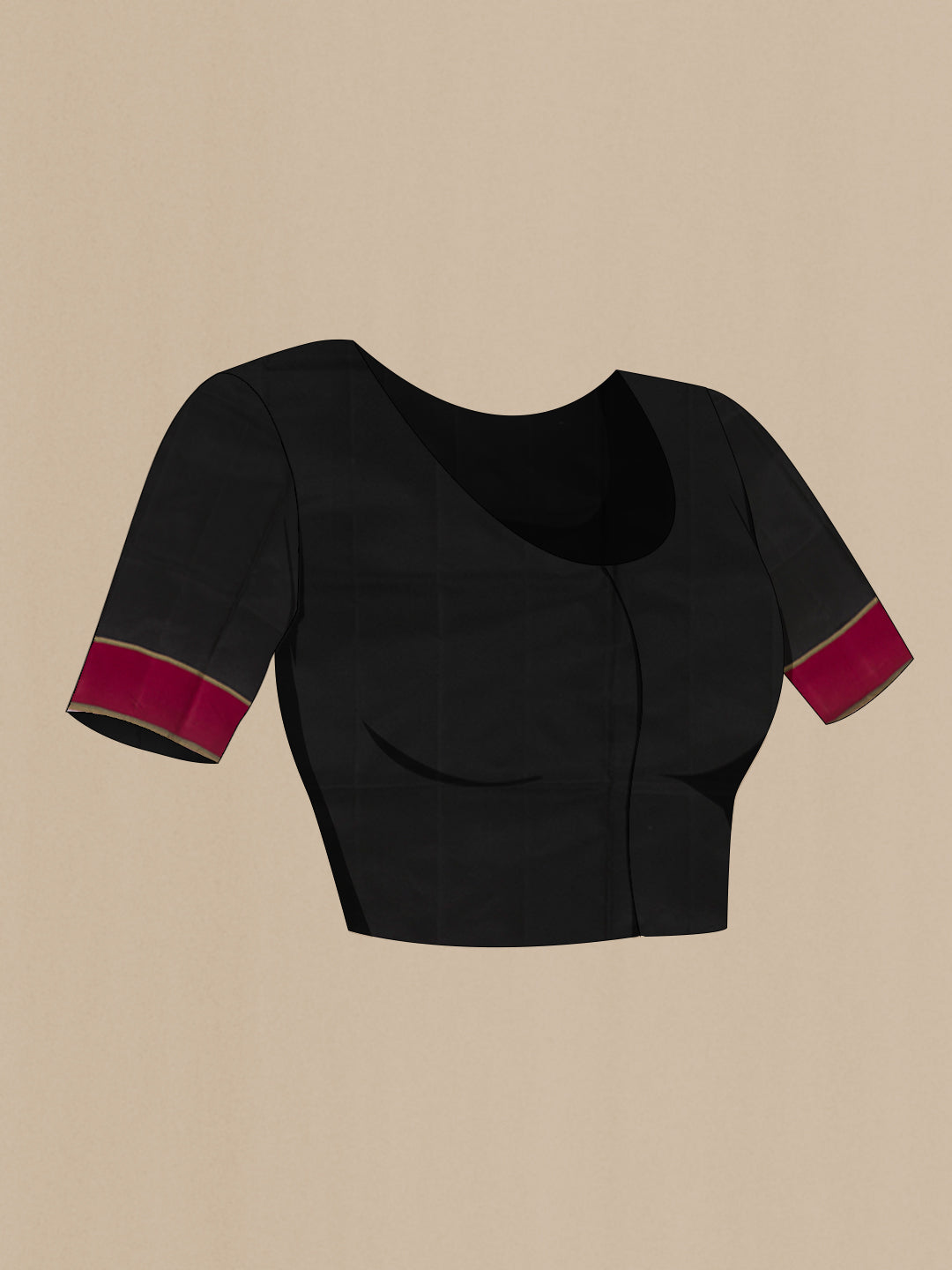 Close up image of the blouse of Black Soft Silk Saree with Zari Butta on the body and Thread Border. 