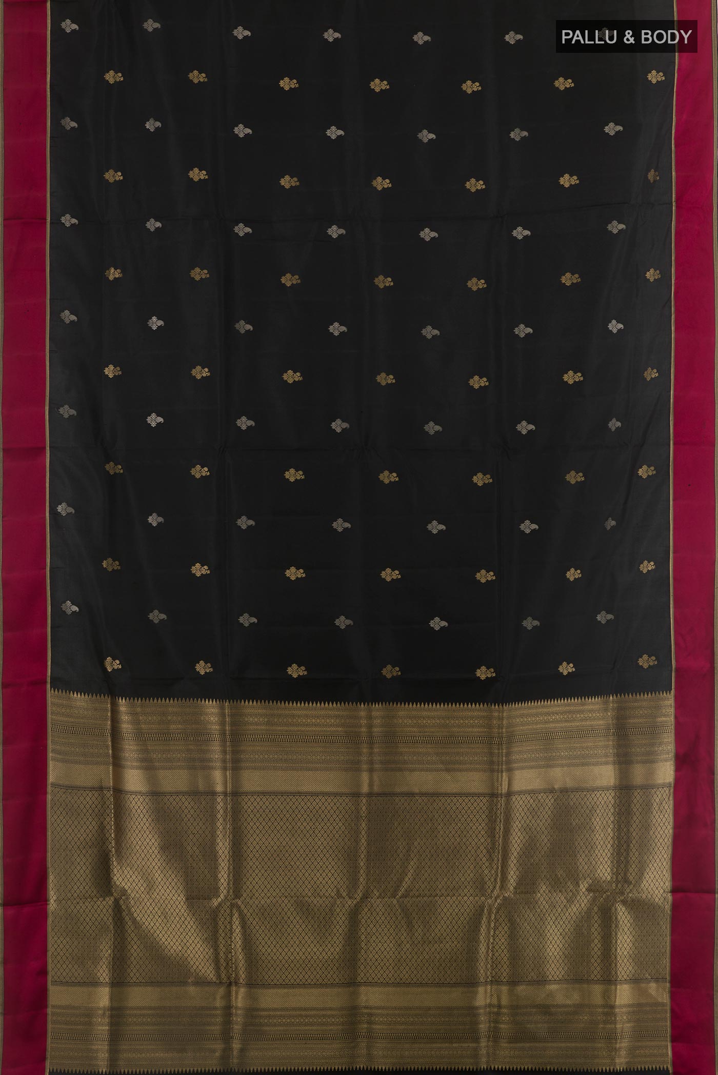 Flat view of Black Soft Silk Saree with Zari Butta on the body and Thread Border. 