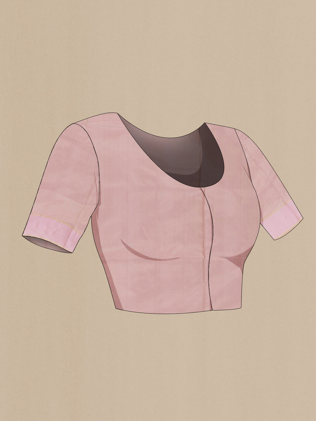 Close up image of the blouse of Rose Gold Soft Silk Saree with Zari Butta on the body and Zari Border. 