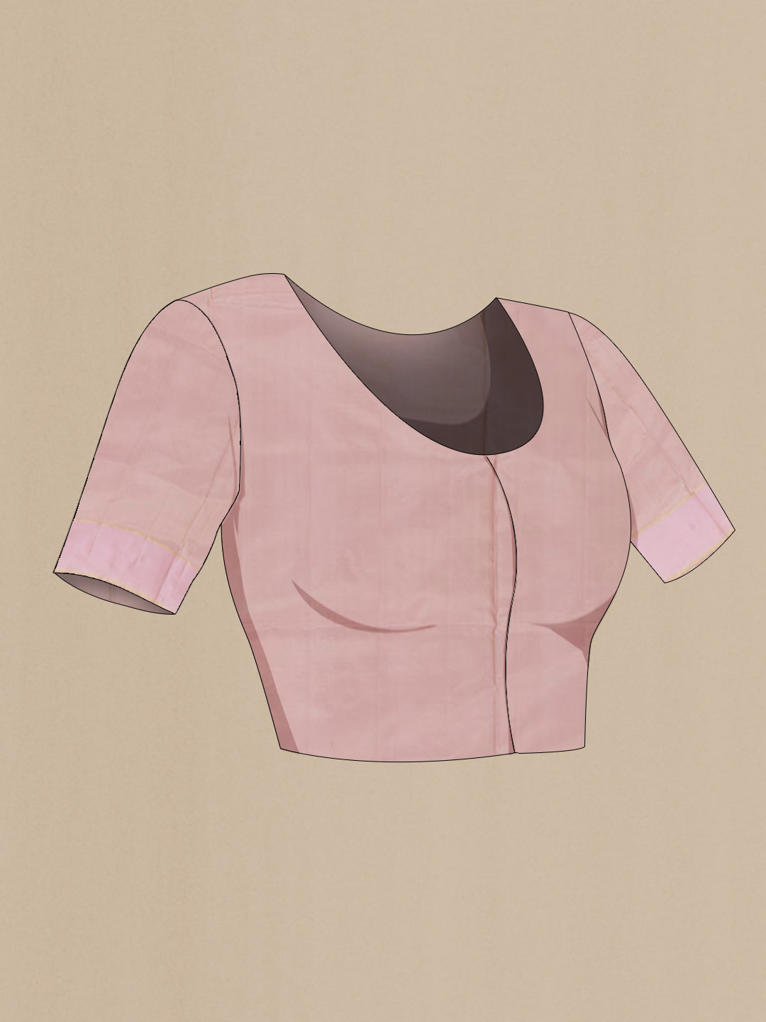 Close up image of the blouse of Rose Gold Soft Silk Saree with Zari Butta on the body and Zari Border. 