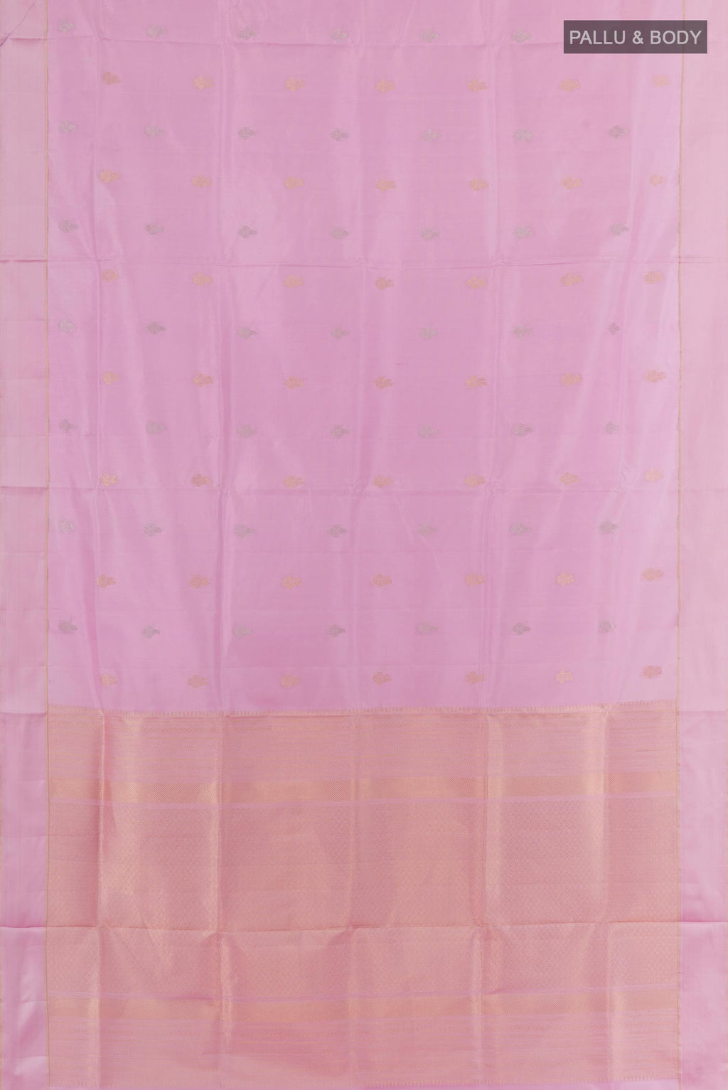 Flat view of Lavender Soft Silk Saree with Zari Butta on the body and Thread Border. 
