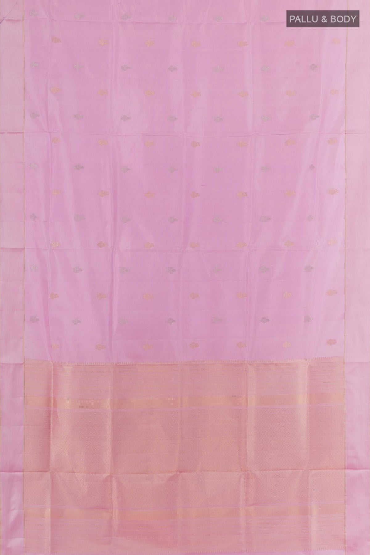 Flat view of Lavender Soft Silk Saree with Zari Butta on the body and Thread Border. 